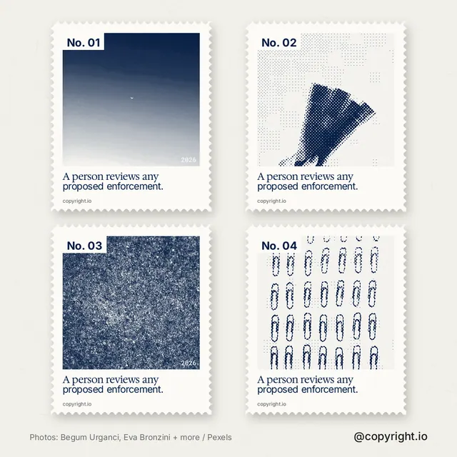 Instagram post for copyright.io: "A person reviews any proposed enforcement." Sheet style, technique:stamp series layout, light palette in white, grey.