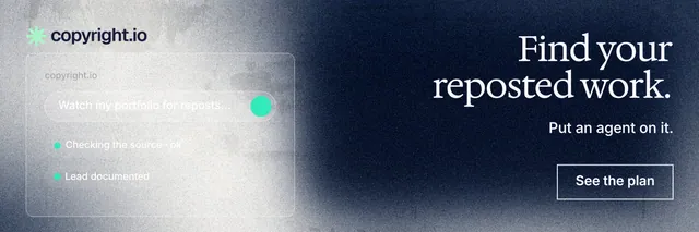 X header for copyright.io: "Find your reposted work." Cyanotype style, right layout, light palette in black, blue, grey.