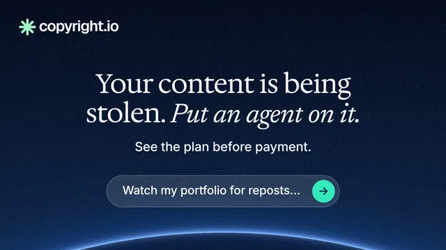 Landscape graphic for copyright.io: "Your content is being stolen. Put an agent on it." Agentic glass style, centred layout, dark palette in blue, black.