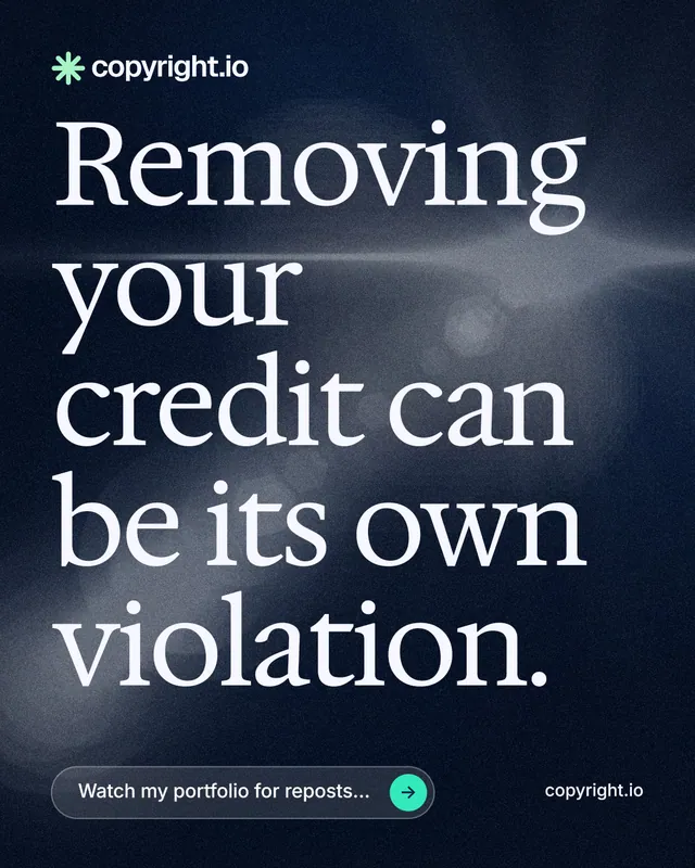 Instagram portrait post for copyright.io: "Removing your credit can be its own violation." Thermal style, poster layout, dark palette in blue, black, grey.