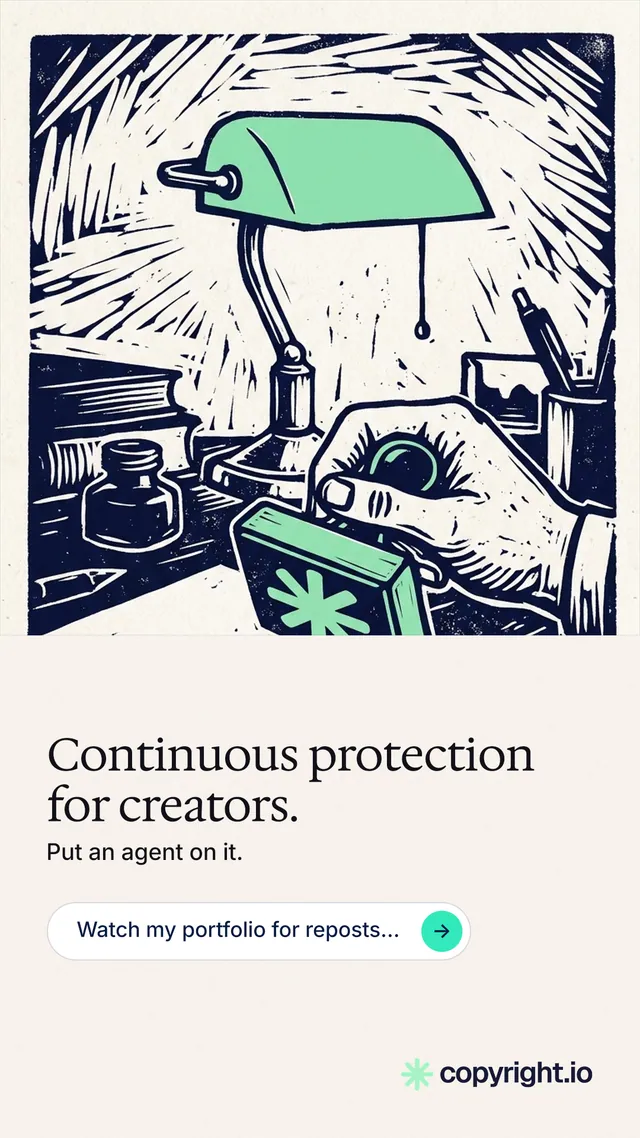 Instagram story for copyright.io: "Continuous protection for creators." Agentic glass style, bottom layout, light palette in white, grey.