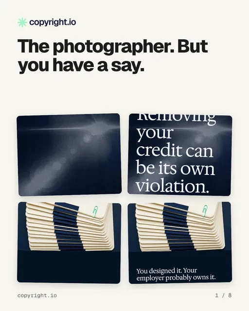 Carousel for copyright.io: "The photographer. But you have a say.". Collection carousel, 8 slides, light palette.