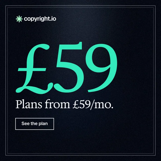 Instagram post for copyright.io: "Choose your scope first. See the plan before payment." Dark deco style, stat layout, dark palette in black, teal.