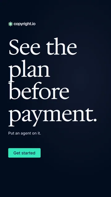 Video for copyright.io: "See the plan before payment.". Doc motion loop, 6.0 s, dark palette.