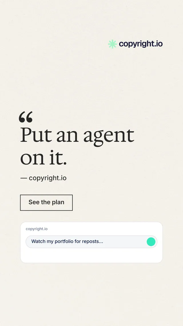 Instagram story for copyright.io: "Put an agent on it." Editorial style, quote layout, light palette in white.