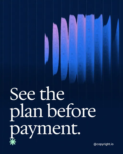 Video for copyright.io: "See the plan before payment.". Shader loop, 6.0 s, dark palette.