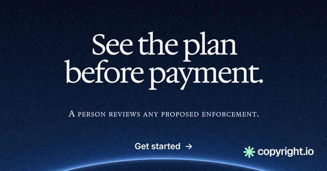 Social ad for copyright.io: "See the plan before payment." Swiss style, smallcaps layout, dark palette in blue, black.
