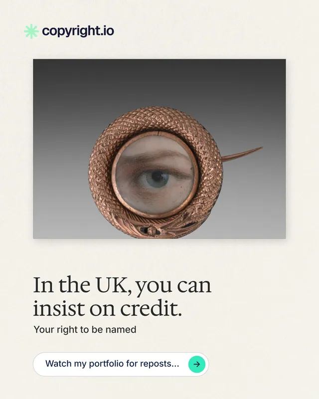 Instagram portrait post for copyright.io: "In the UK, you can insist on credit." Agentic glass style, bottom layout, light palette in white, grey.