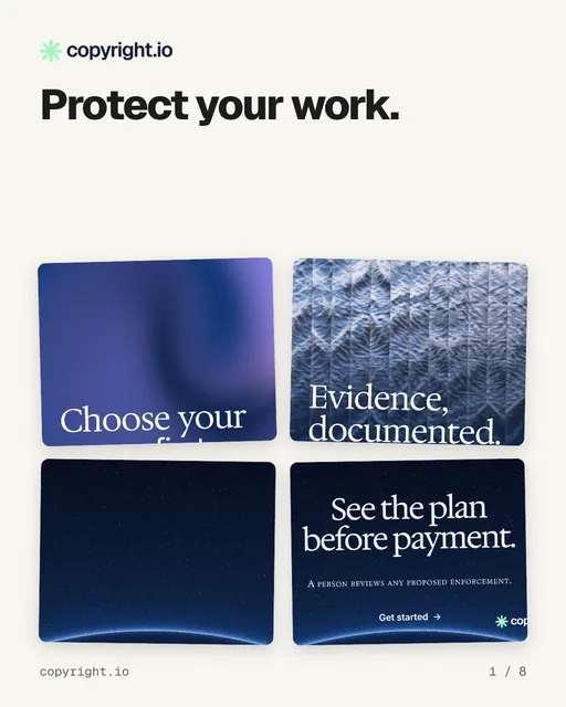 Carousel for copyright.io: "Protect your work.". Collection carousel, 8 slides, light palette.