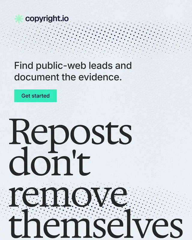 Instagram portrait post for copyright.io: "Reposts don't remove themselves." Swiss style, oversized layout, light palette in white, blue, grey.