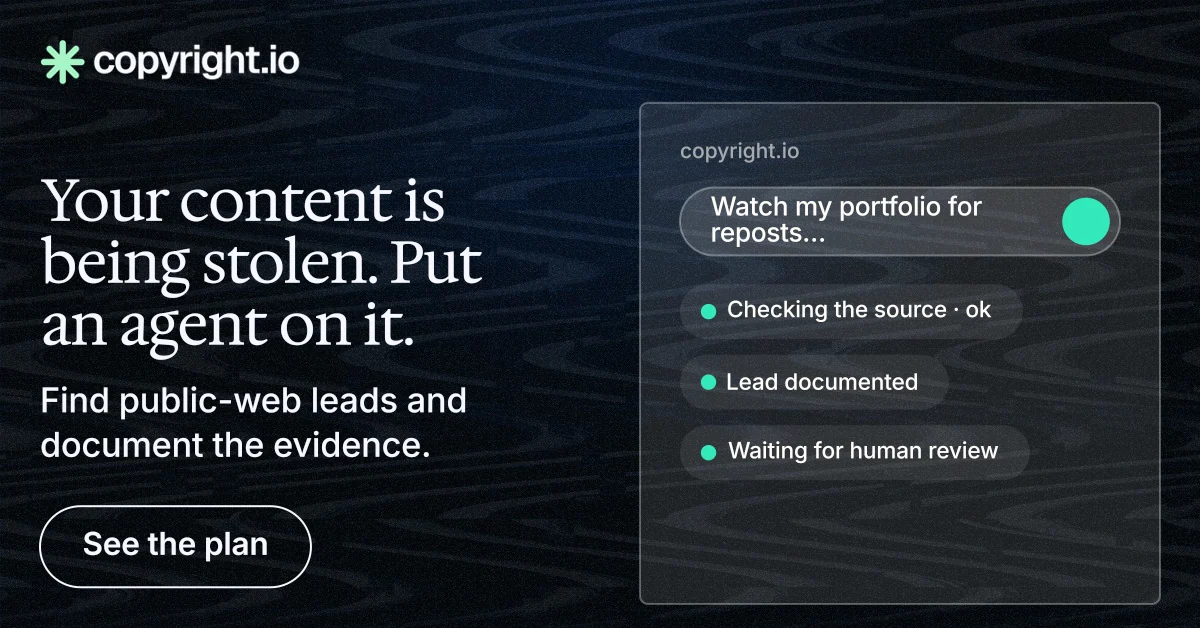 Social ad for copyright.io: "Your content is being stolen. Put an agent on it." Phosphor atlas style, bottom layout, dark palette in black, grey.