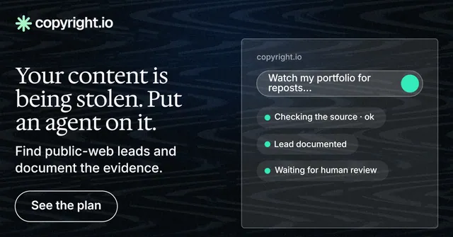 Social ad for copyright.io: "Your content is being stolen. Put an agent on it." Phosphor atlas style, bottom layout, dark palette in black, grey.
