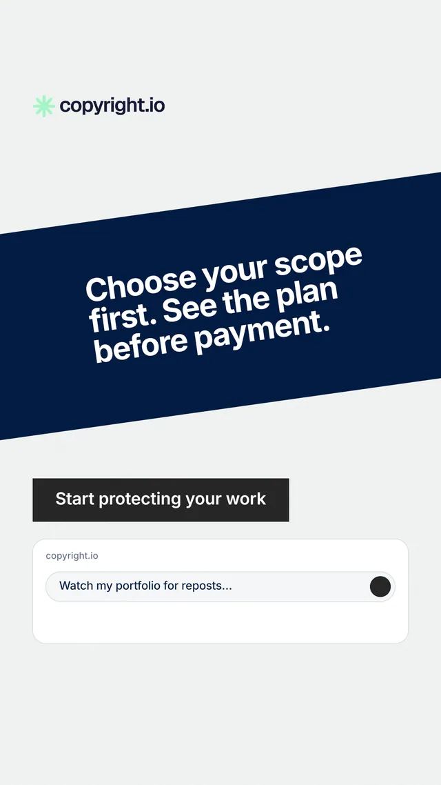 Instagram story for copyright.io: "Choose your scope first. See the plan before payment." Swiss style, diagonal layout, light palette in white, blue, grey.