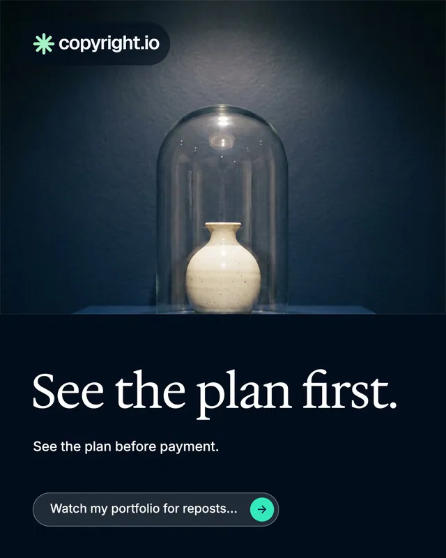 Instagram portrait post for copyright.io: "See the plan first." Agentic glass style, bottom layout, dark palette in black, blue, grey.