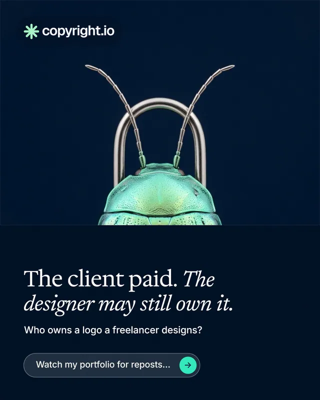 Instagram portrait post for copyright.io: "The client paid. The designer may still own it." Agentic glass style, bottom layout, dark palette in black, blue.