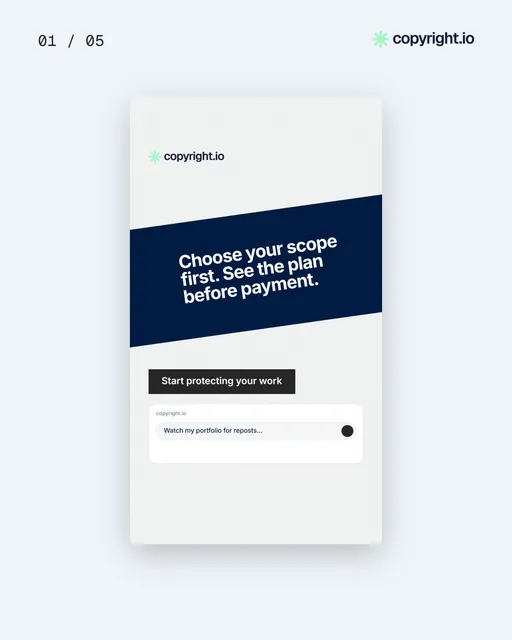 Video for copyright.io. Ad flipbook, 7.5 s, light palette.
