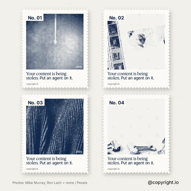 Instagram post for copyright.io: "Your content is being stolen. Put an agent on it." Sheet style, technique:stamp series layout, light palette in white, grey.