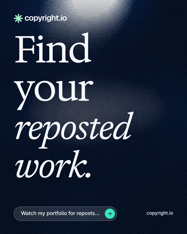 Instagram portrait post for copyright.io: "Find your reposted work." Thermal style, poster layout, dark palette in black, grey.