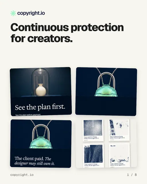 Carousel for copyright.io: "Continuous protection for creators.". Collection carousel, 8 slides, light palette.