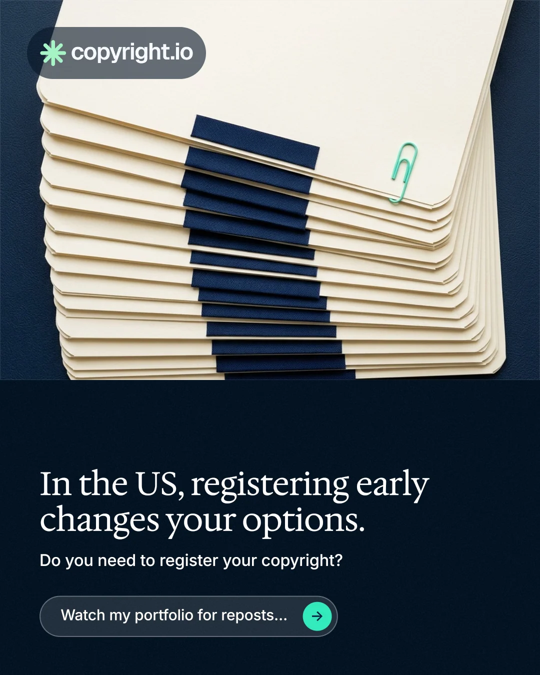 Instagram portrait post for copyright.io: "In the US, registering early changes your options." Agentic glass style, bottom layout, dark palette in yellow, black, blue.