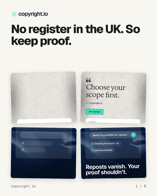 Carousel for copyright.io: "No register in the UK. So keep proof.". Collection carousel, 8 slides, light palette.