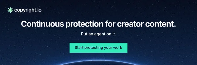 X header for copyright.io: "Continuous protection for creator content." Swiss style, centred layout, dark palette in blue, black.