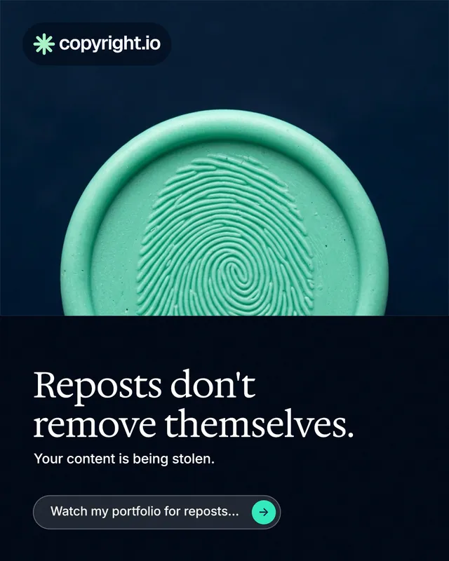 Instagram portrait post for copyright.io: "Reposts don't remove themselves." Agentic glass style, bottom layout, dark palette in black, teal, blue.
