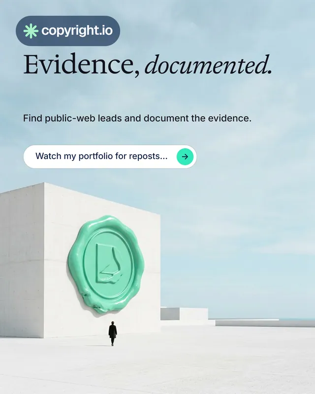 Instagram portrait post for copyright.io: "Evidence, documented." Agentic glass style, bottom layout, light palette in white, teal, grey.