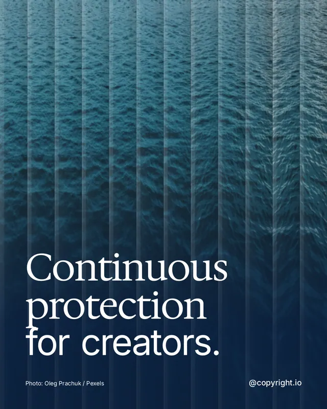 Instagram portrait post for copyright.io: "Continuous protection for creators." Photo style, technique:fluted glass layout, dark palette in blue.