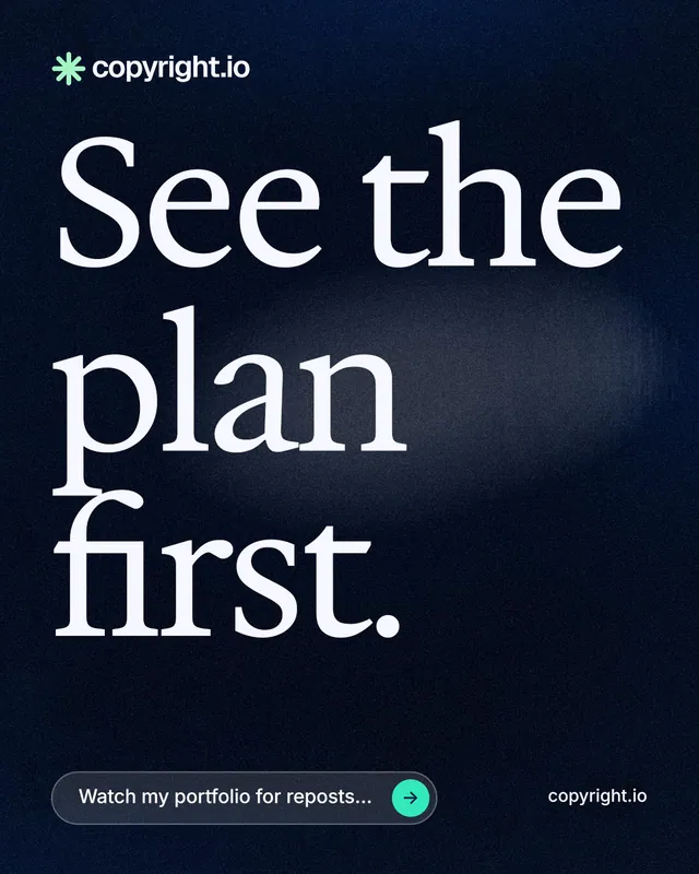 Instagram portrait post for copyright.io: "See the plan first." Thermal style, poster layout, dark palette in black, blue, grey.