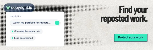 X header for copyright.io: "Find your reposted work." Ink sticker style, right layout, light palette in green, grey, white.