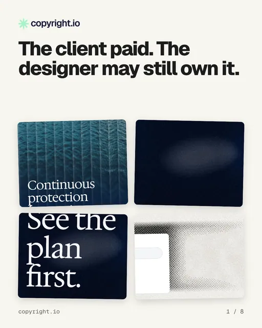 Carousel for copyright.io: "The client paid. The designer may still own it.". Collection carousel, 8 slides, light palette.