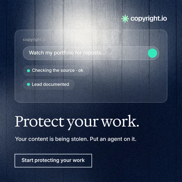 Instagram post for copyright.io: "Protect your work." Cyanotype style, bottom layout, dark palette in black, blue, grey.