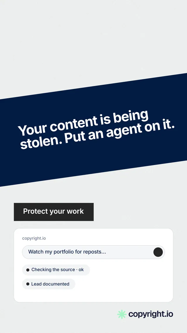 Instagram story for copyright.io: "Your content is being stolen. Put an agent on it." Swiss style, diagonal layout, light palette in white, blue, green.