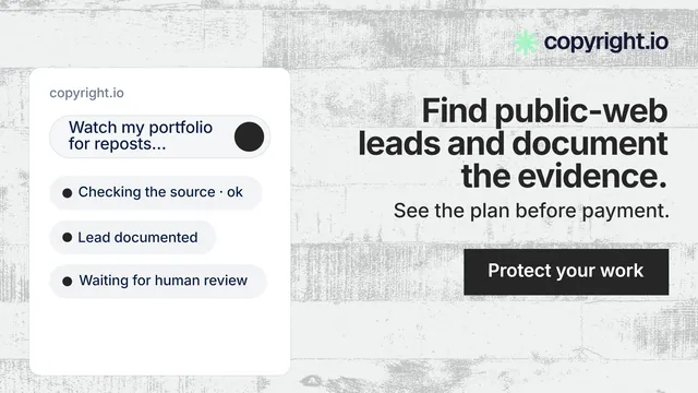 Landscape graphic for copyright.io: "Find public-web leads and document the evidence." Swiss style, right layout, light palette in white, grey.