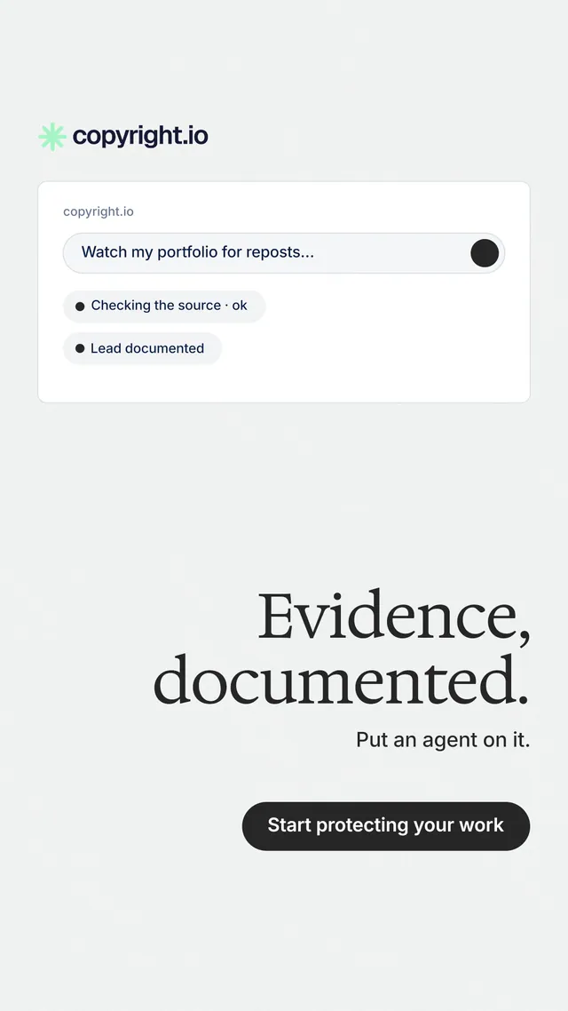 Instagram story for copyright.io: "Evidence, documented." Data card style, right layout, light palette in white, grey.
