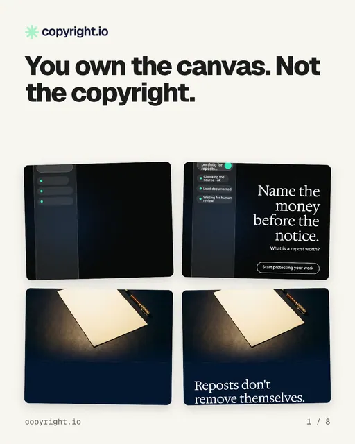 Carousel for copyright.io: "You own the canvas. Not the copyright.". Collection carousel, 8 slides, light palette.
