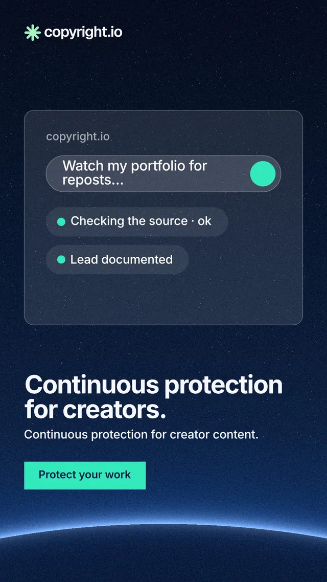 Instagram story for copyright.io: "Continuous protection for creators." Swiss style, bottom layout, dark palette in blue, black.
