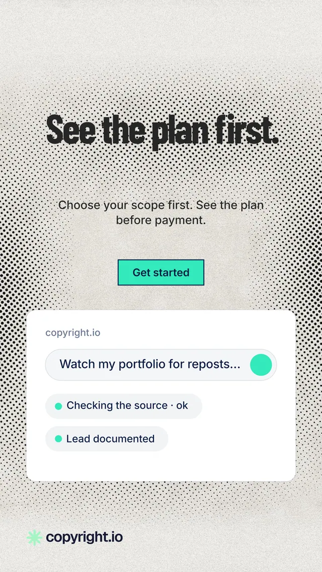 Instagram story for copyright.io: "See the plan first." Ink sticker style, centred layout, light palette in white, grey.