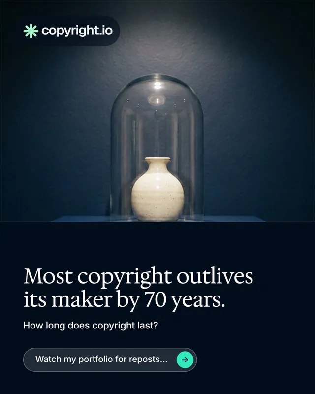 Instagram portrait post for copyright.io: "Most copyright outlives its maker by 70 years." Agentic glass style, bottom layout, dark palette in blue, black, grey.