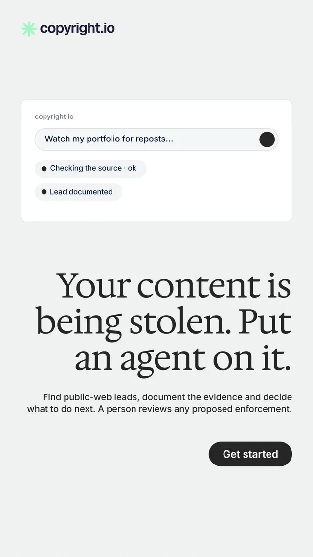 Instagram story for copyright.io: "Your content is being stolen. Put an agent on it." Data card style, right layout, light palette in white.