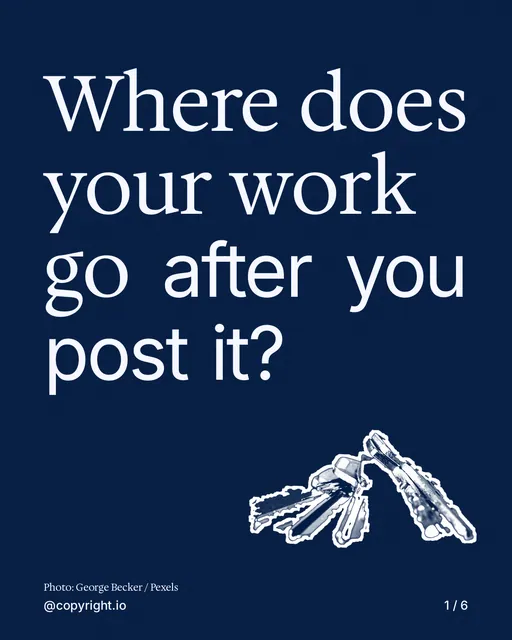 Carousel for copyright.io: "Where does your work go after you post it?". Cutout essay, 6 slides, dark palette.