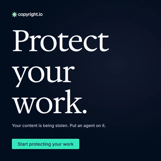 Video for copyright.io: "Protect your work.". Doc motion loop, 8.0 s, dark palette.