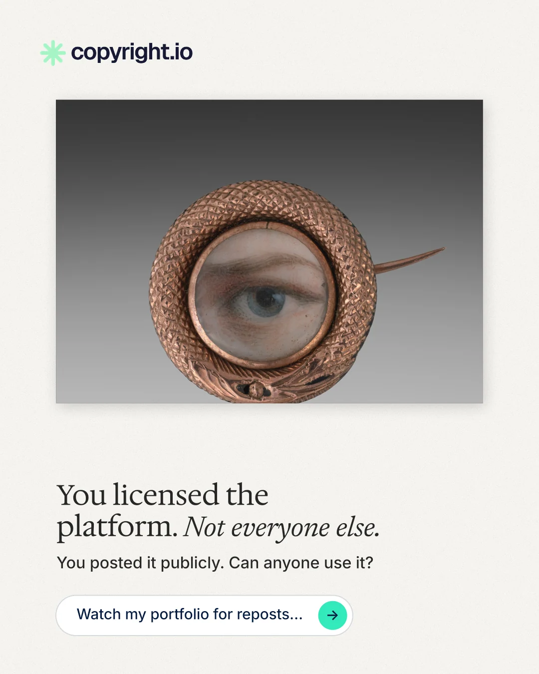 Instagram portrait post for copyright.io: "You licensed the platform. Not everyone else." Agentic glass style, bottom layout, light palette in white, grey.