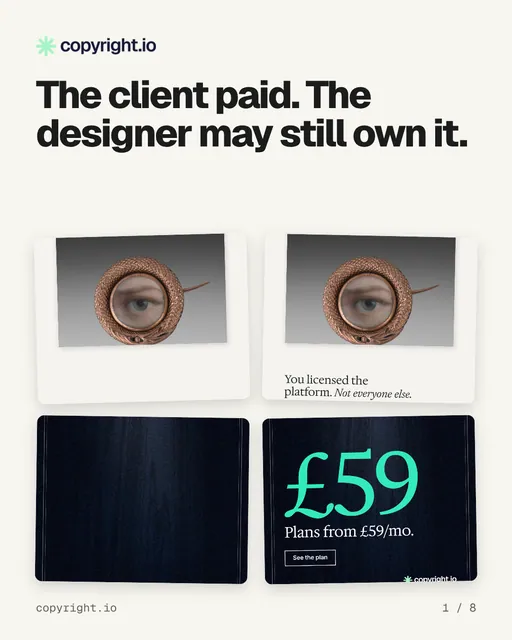 Carousel for copyright.io: "The client paid. The designer may still own it.". Collection carousel, 8 slides, light palette.