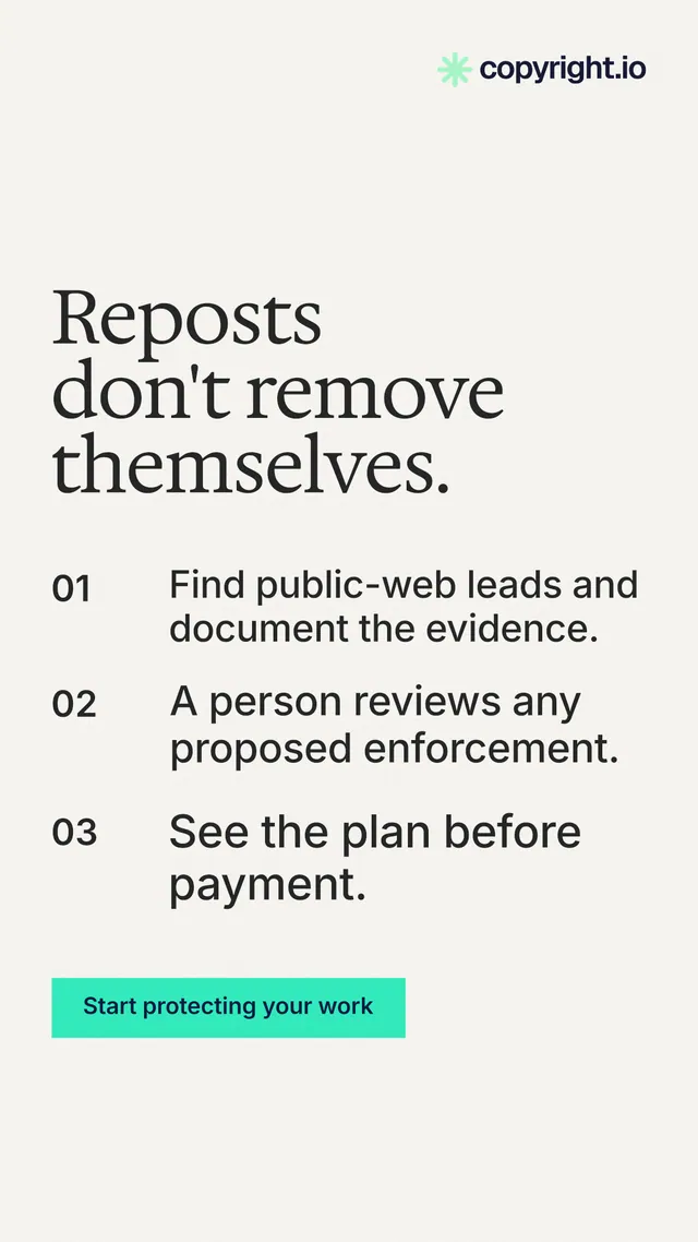Instagram story for copyright.io: "Reposts don't remove themselves." Swiss style, numbered layout, light palette in white, grey.