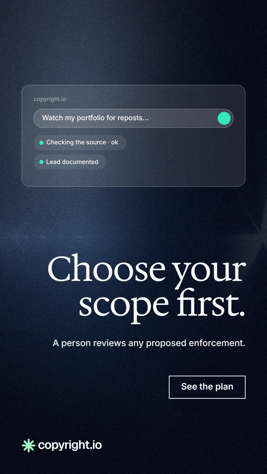 Instagram story for copyright.io: "Choose your scope first." Dark deco style, right layout, dark palette in black, blue, grey.