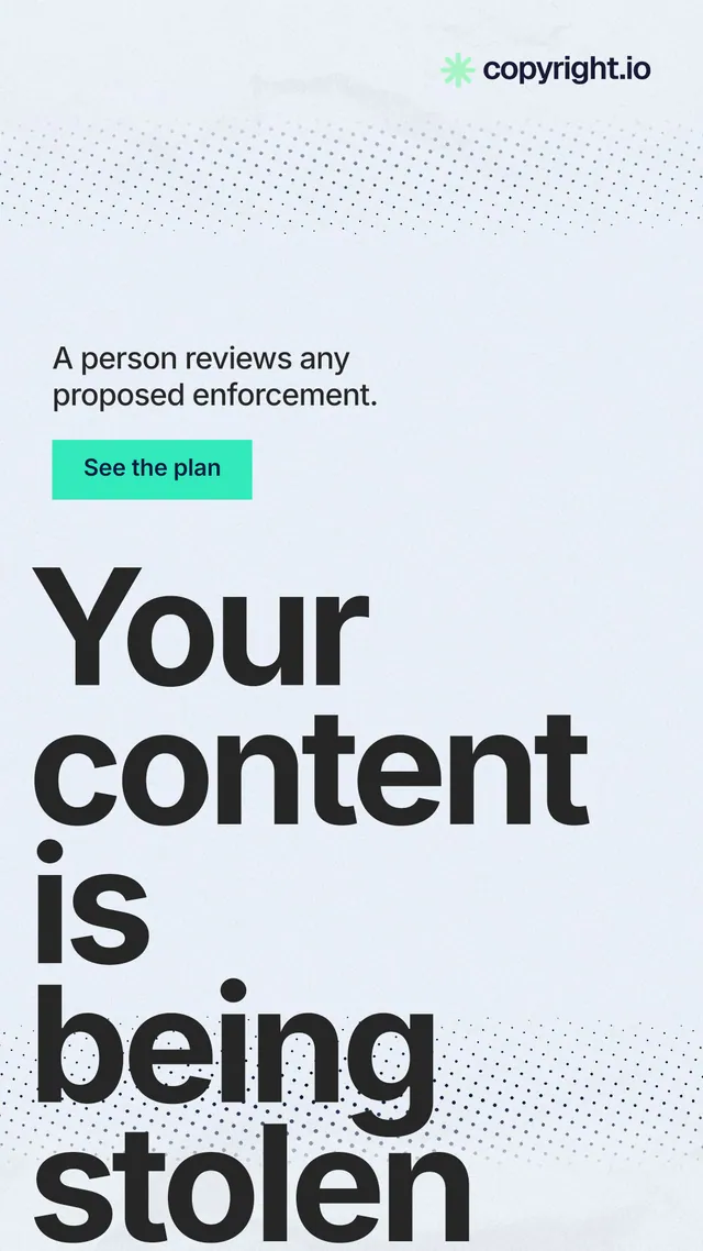 Instagram story for copyright.io: "Your content is being stolen." Swiss style, oversized layout, light palette in white, blue, grey.