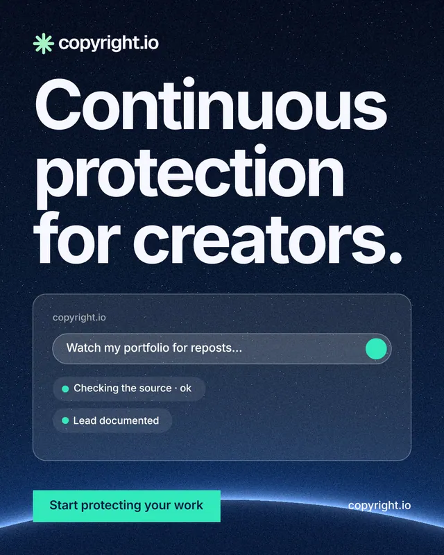 Instagram portrait post for copyright.io: "Continuous protection for creators." Swiss style, poster layout, dark palette in blue, black, grey.