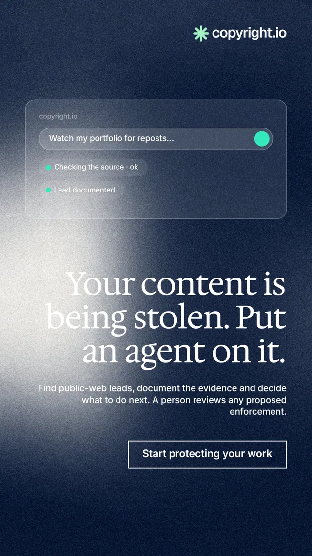 Instagram story for copyright.io: "Your content is being stolen. Put an agent on it." Cyanotype style, right layout, dark palette in blue, grey, white.